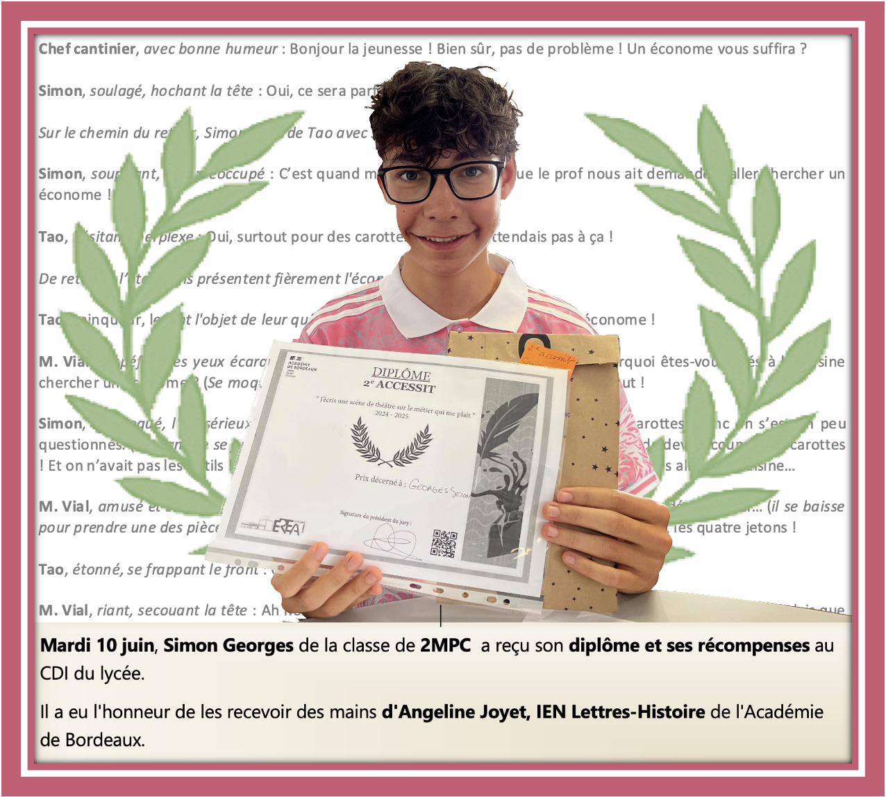 Simon décroche la carotte du jury ! 2ᵉ accessit au concours « J’écris une scène de théâtre sur le métier qui me plaît »